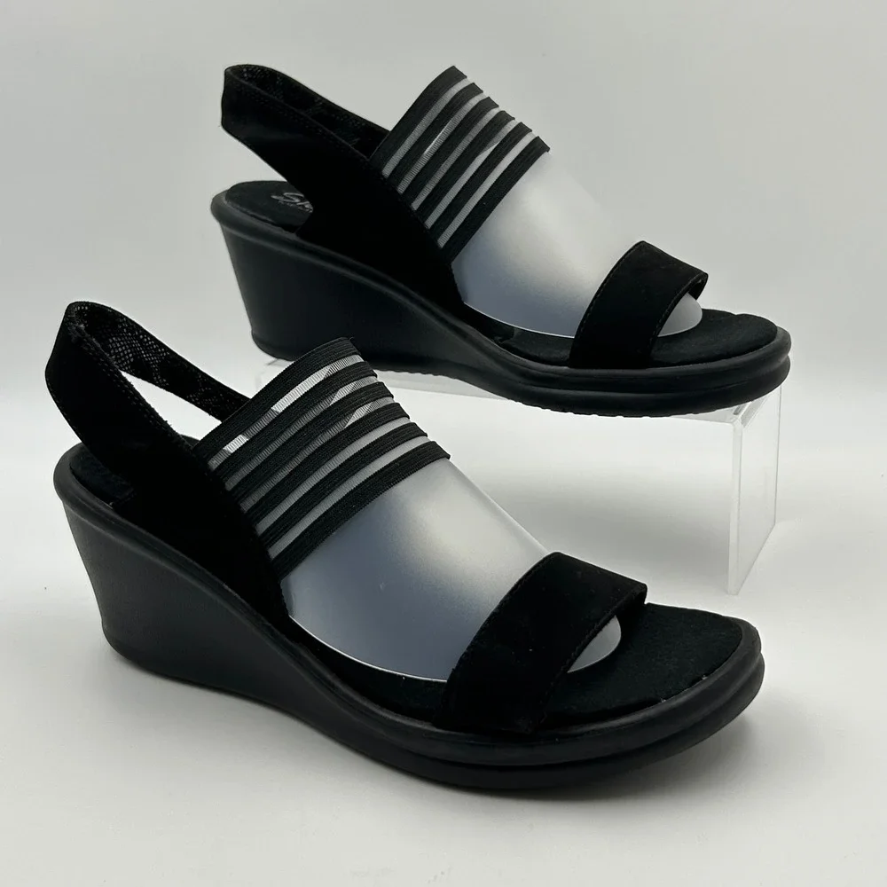 Skechers Wedge Sandals Womens 9 Black Rumblers Sci-Fi Strappy‎ Comfort Gorpcore